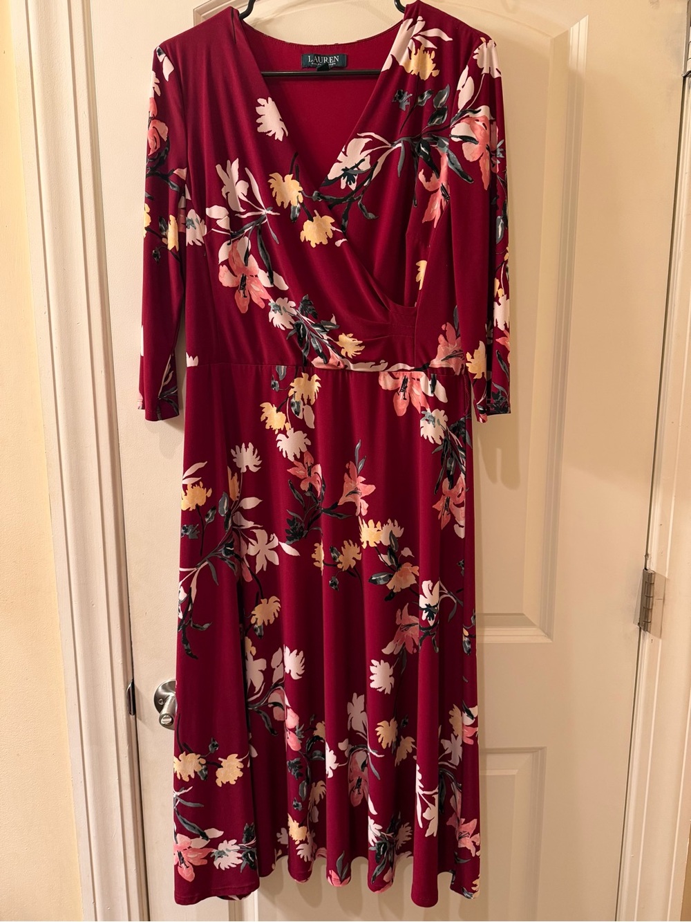 Ralph Lauren Burgundy Floral Wrap-Style Midi Dress